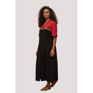 S.L. Fashions Shirt Dress Vintage Button Front Red Black Maxi Embroidered Sz 10